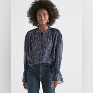 Lucky Brand Womens L BOHO Navy Blue Mixed Print Chiffon Top size small